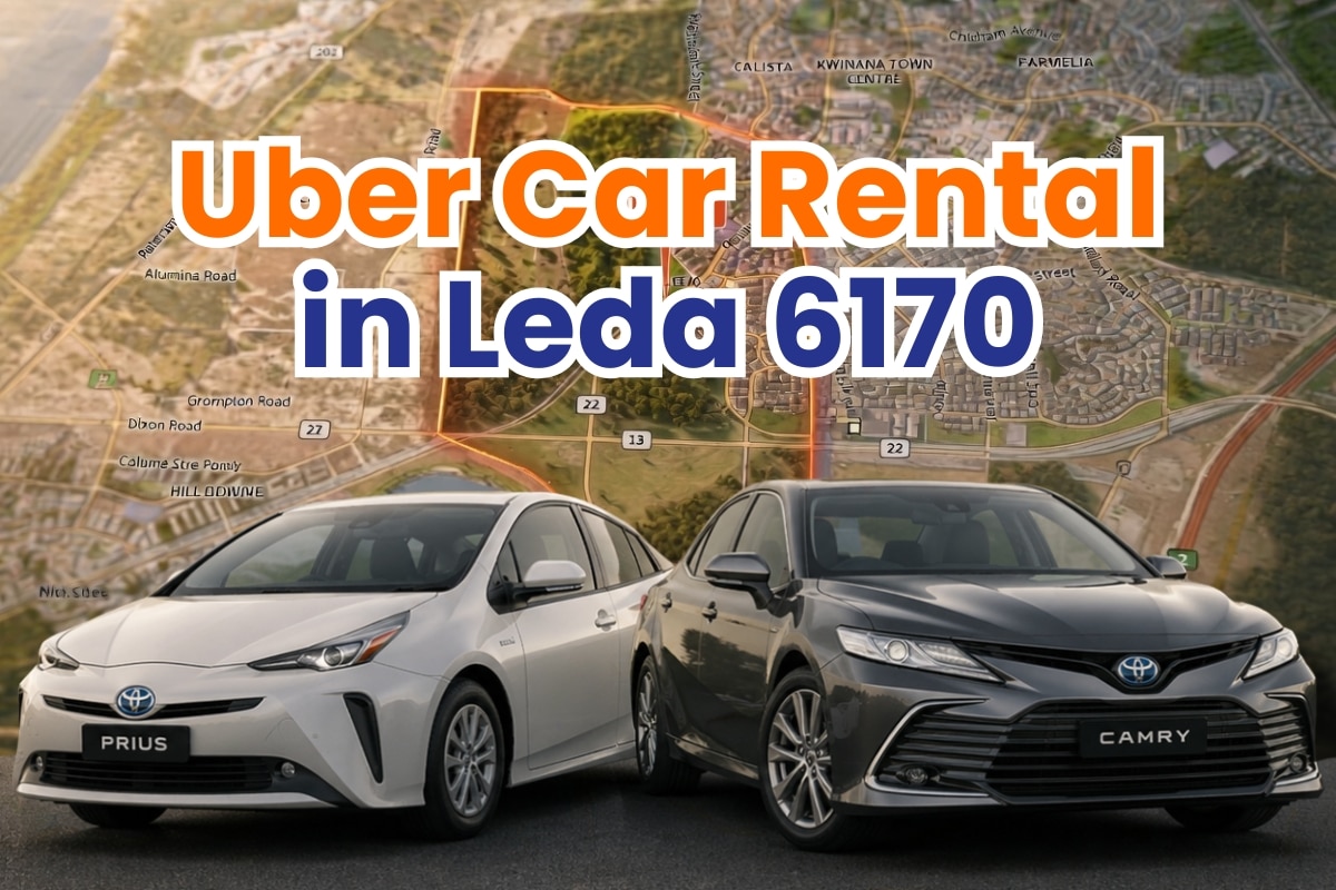 Uber car rental in Leda 6170 with Toyota Prius and Camry hybrid vehicles over Leda suburb map