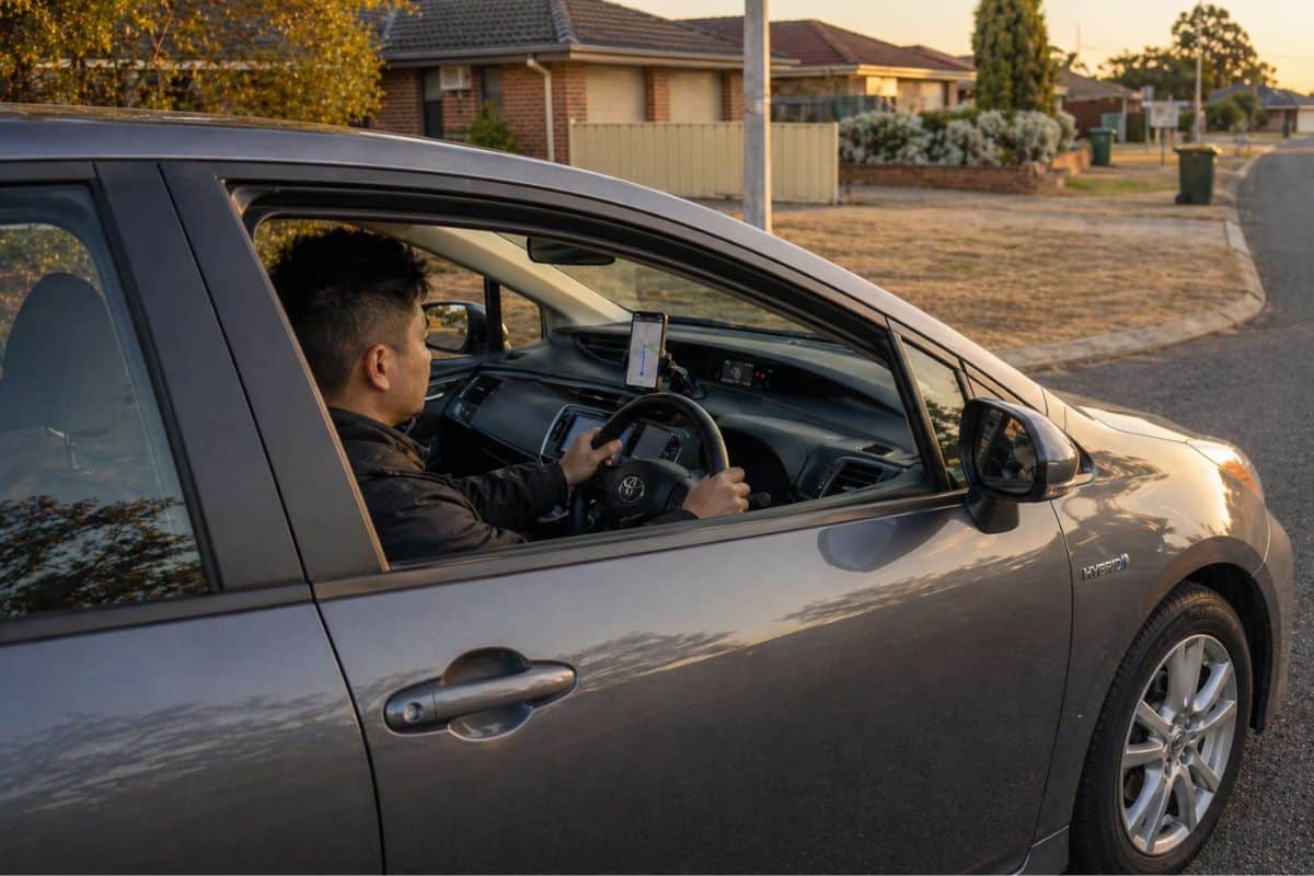 Uber car rental driver using Toyota hybrid on Perth's suburban street