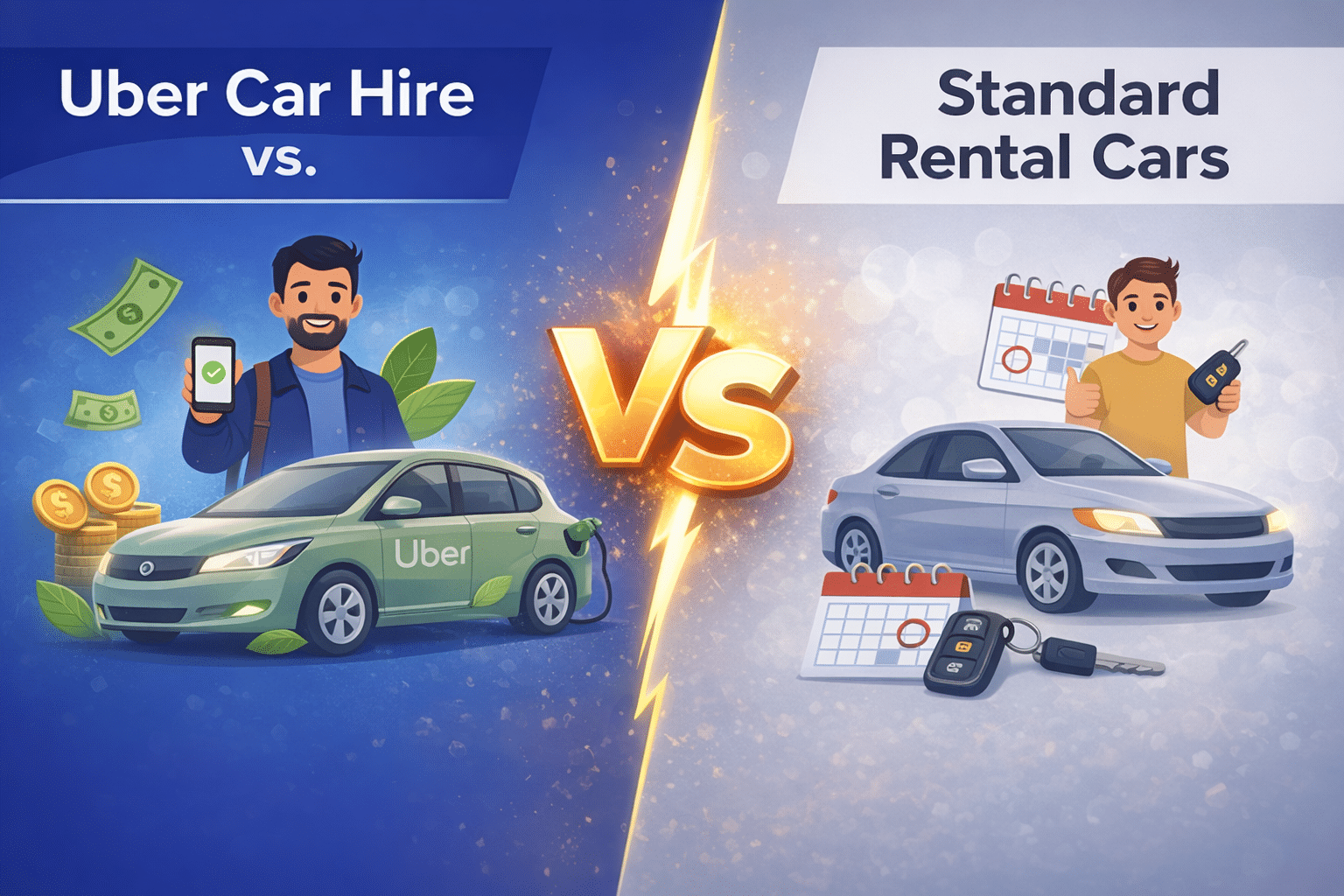 Split-screen comparison of Uber Car Hire vs Standard Rental Cars with blue tones: left side shows a smiling rideshare driver holding a phone next to a hybrid Uber car with money and eco icons, right side shows a standard sedan with car keys and calendar icons. Large VS graphic in the centre highlights the comparison between rideshare-focused hire and traditional rental vehicle