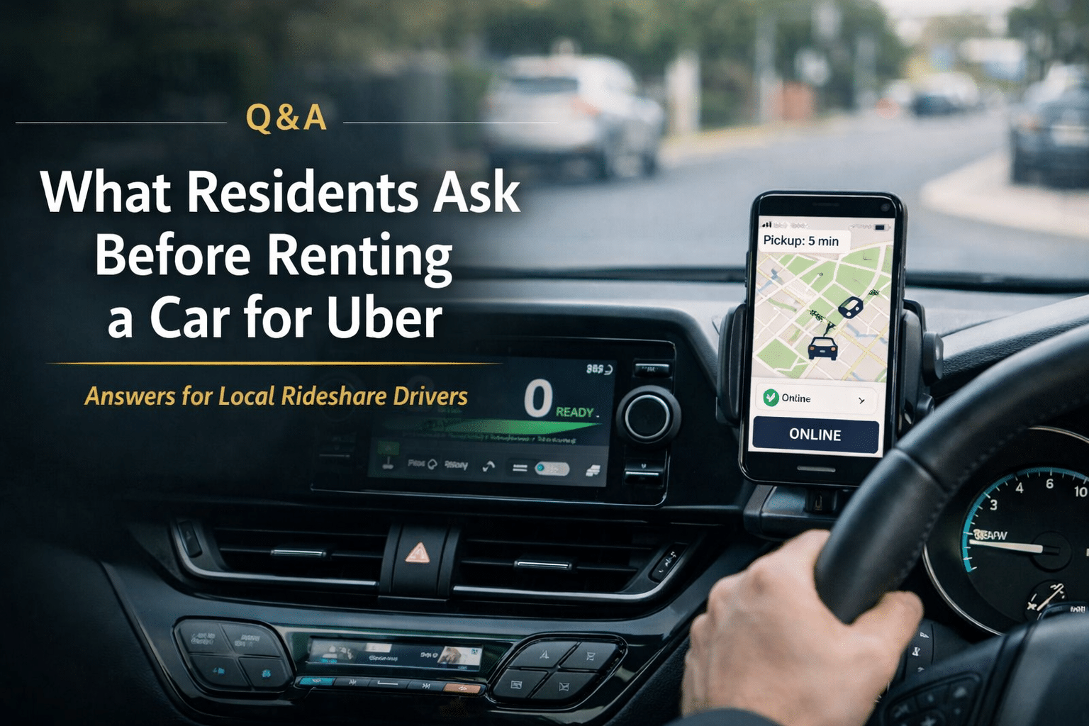 Image showing the interior of a modern car with a mounted smartphone displaying a rideshare app, overlaid with the text “Q&A – What Residents Ask Before Renting a Car for Uber” and subtext “Answers for Local Rideshare Drivers.”