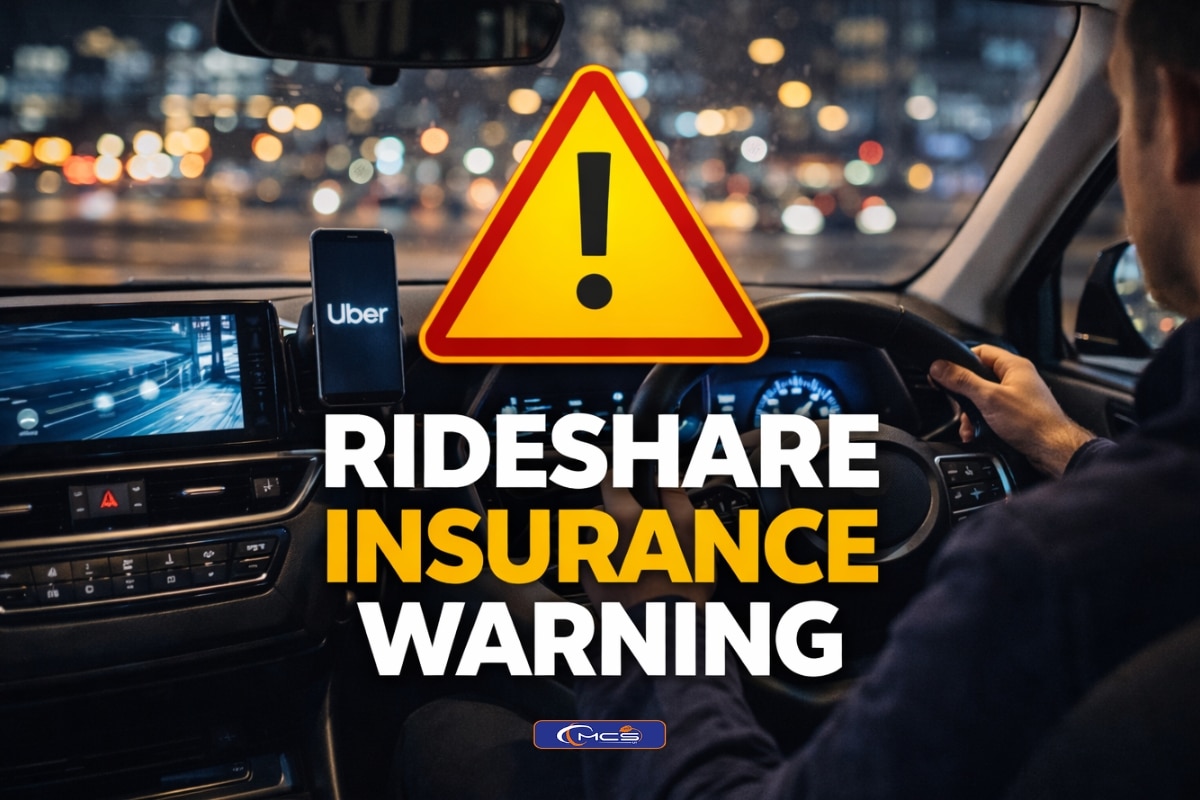 Rideshare driver using a smartphone inside a hybrid vehicle with rideshare insurance included, representing secure and reliable rideshare car hire with MCSyo.