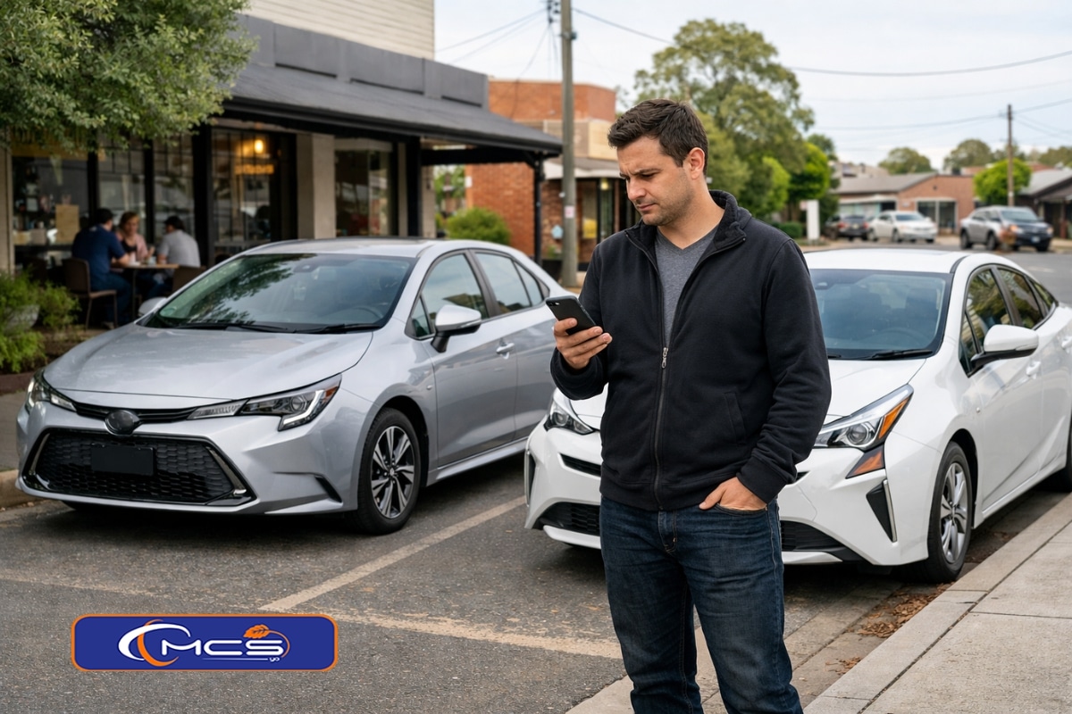 Rideshare driver checking phone beside Toyota Corolla Hybrid and Prius