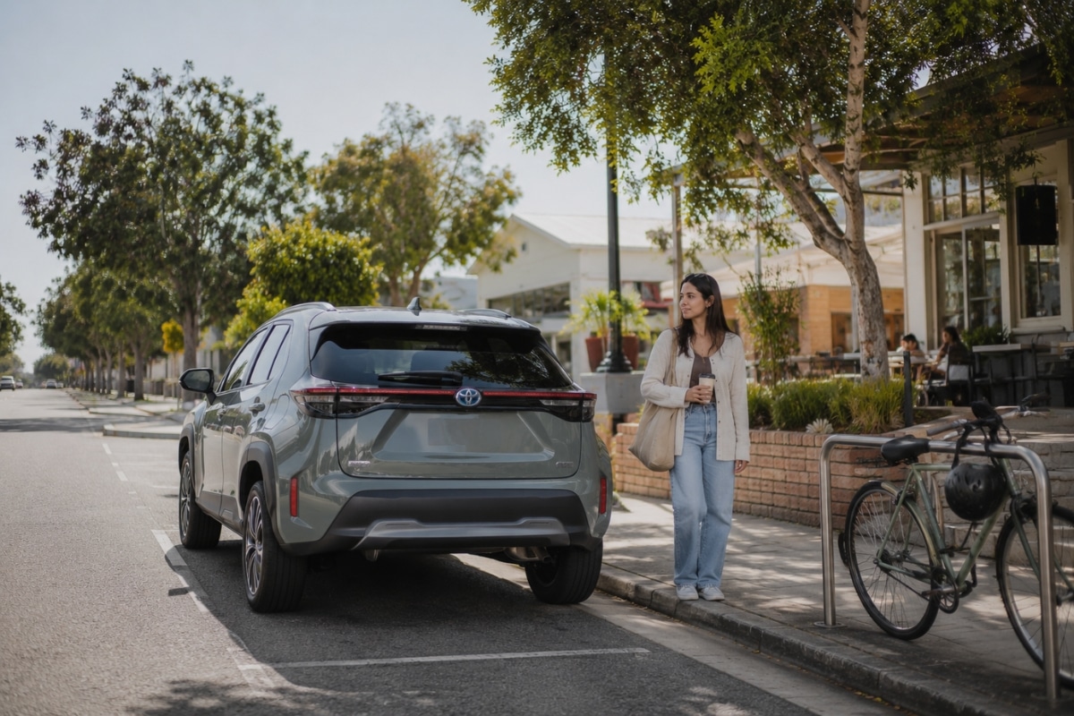 Toyota hybrid vehicle parked near a Fremantle-style café street for eco car rental in White Gum Valley