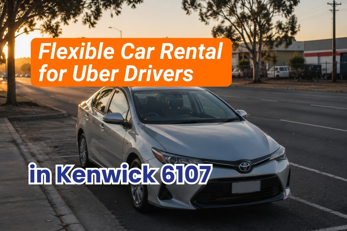Flexible car rental for Uber drivers in Kenwick 6107 with Toyota hybrid vehicle parked on a Perth suburban roadside at sunset