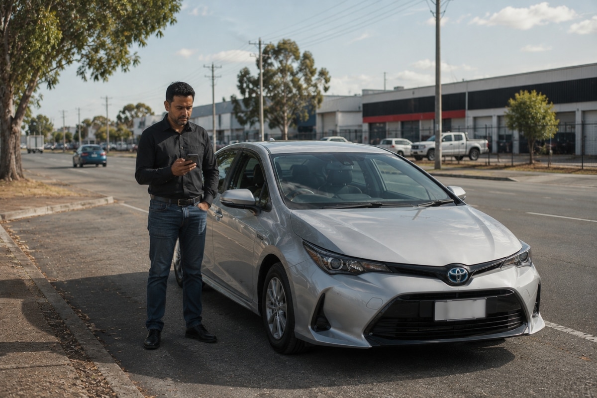 Uber driver checking rideshare information beside Toyota hybrid rental vehicle in Kenwick Perth industrial area