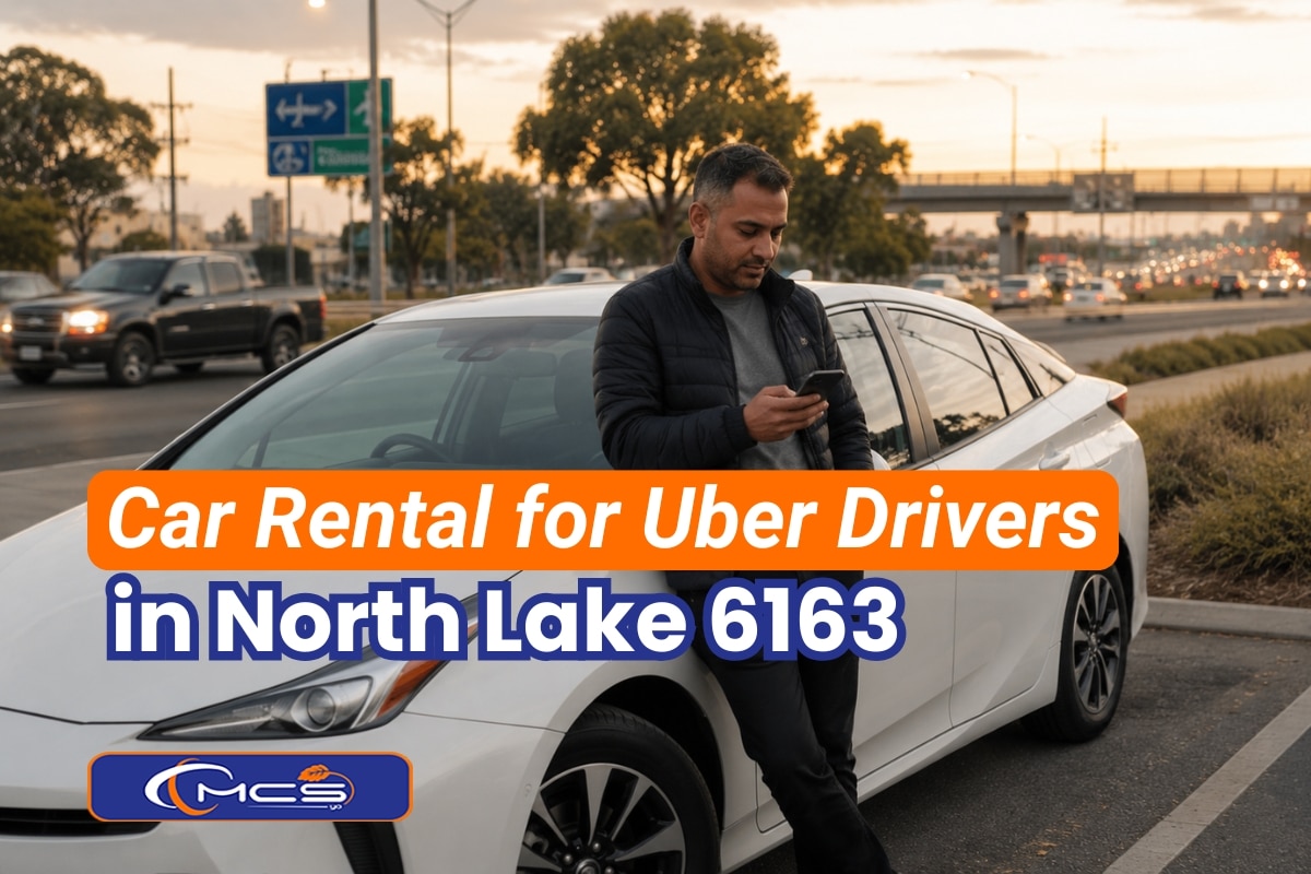 Car rental for Uber drivers in North Lake 6163 with a Perth rideshare driver beside a white Toyota Prius hybrid near busy suburban traffic at sunset