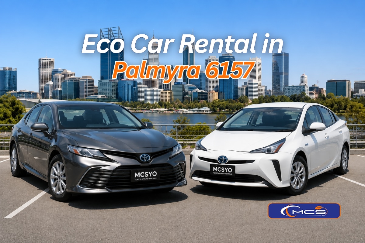 Eco car rental in Palmyra 6157 featuring Toyota Camry Hybrid and Toyota Prius Hybrid with the Perth skyline in the background.