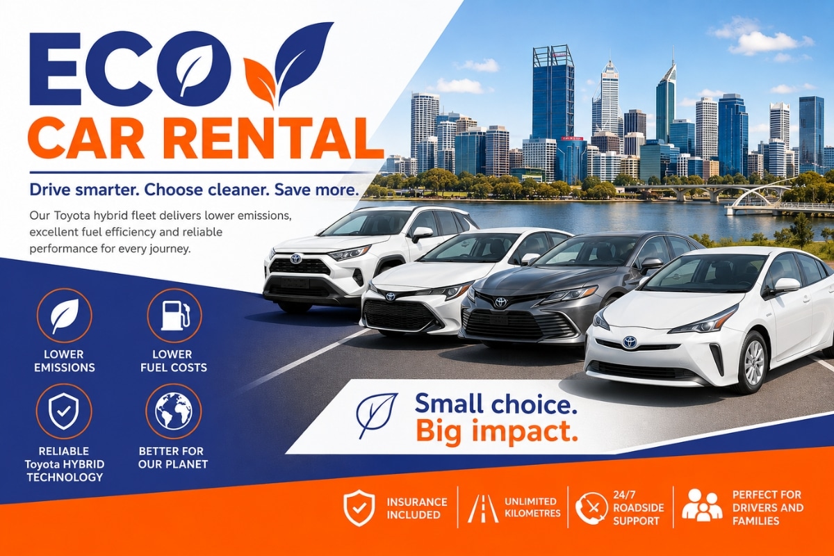 Eco car rental graphic featuring Toyota hybrid vehicles in Perth, highlighting lower emissions, lower fuel costs and environmentally friendly hybrid car rental.