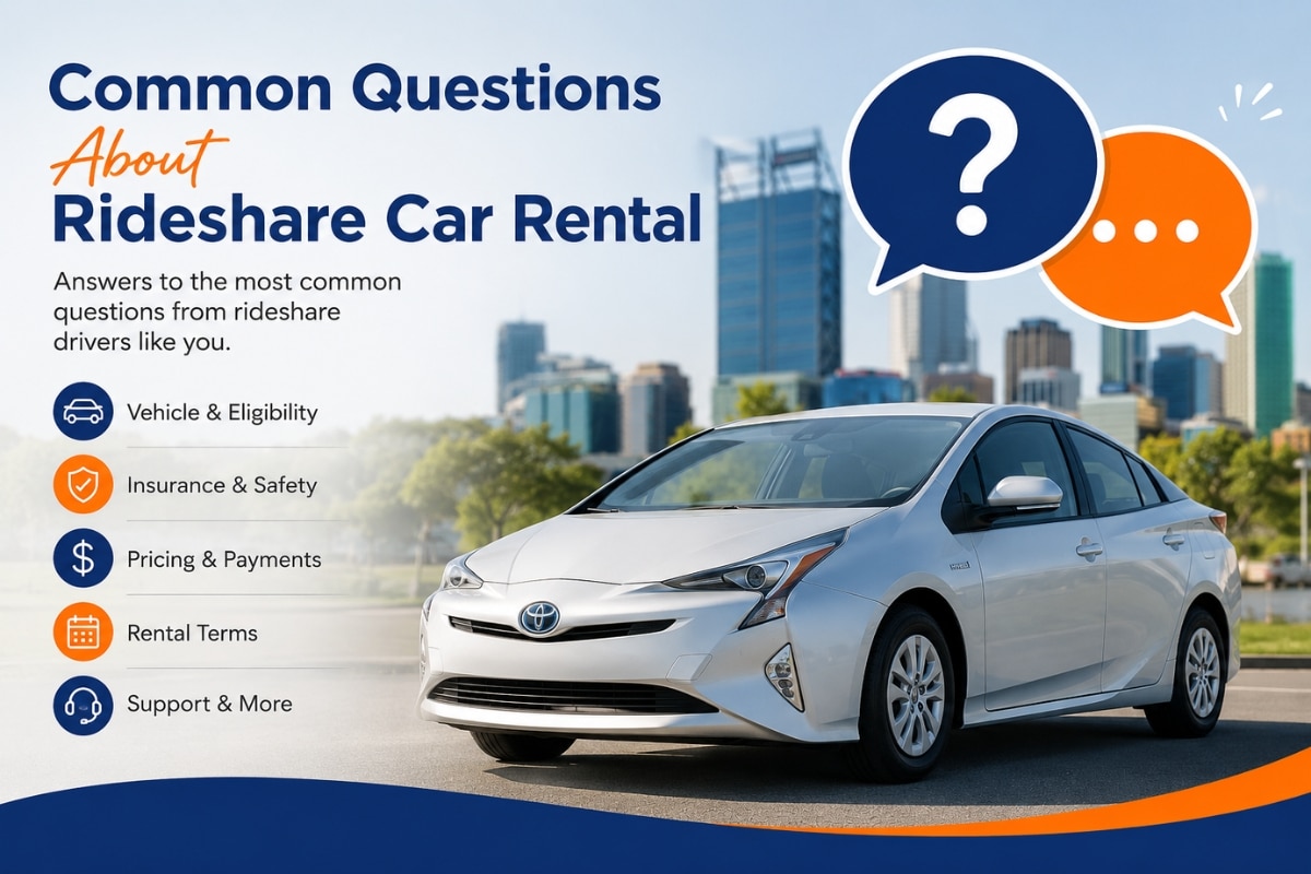 Common Questions About Rideshare Car Rental with a white Toyota Prius hybrid parked in front of a modern city skyline and question icons representing rideshare rental FAQs.