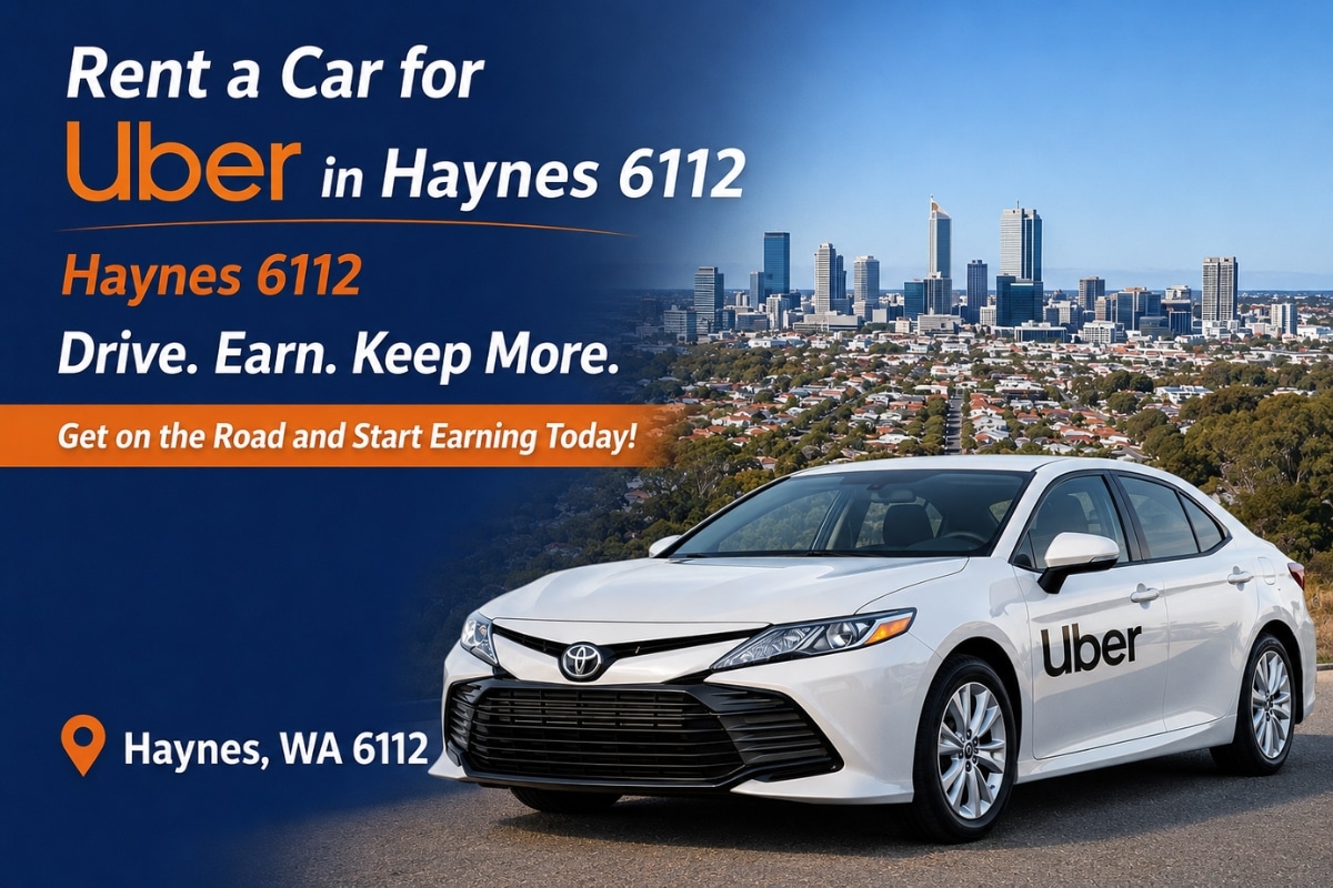 Rent a car for Uber in Haynes 6112 with a white Toyota Camry Hybrid against the Perth skyline, promoting flexible rideshare car rental with unlimited kilometres.