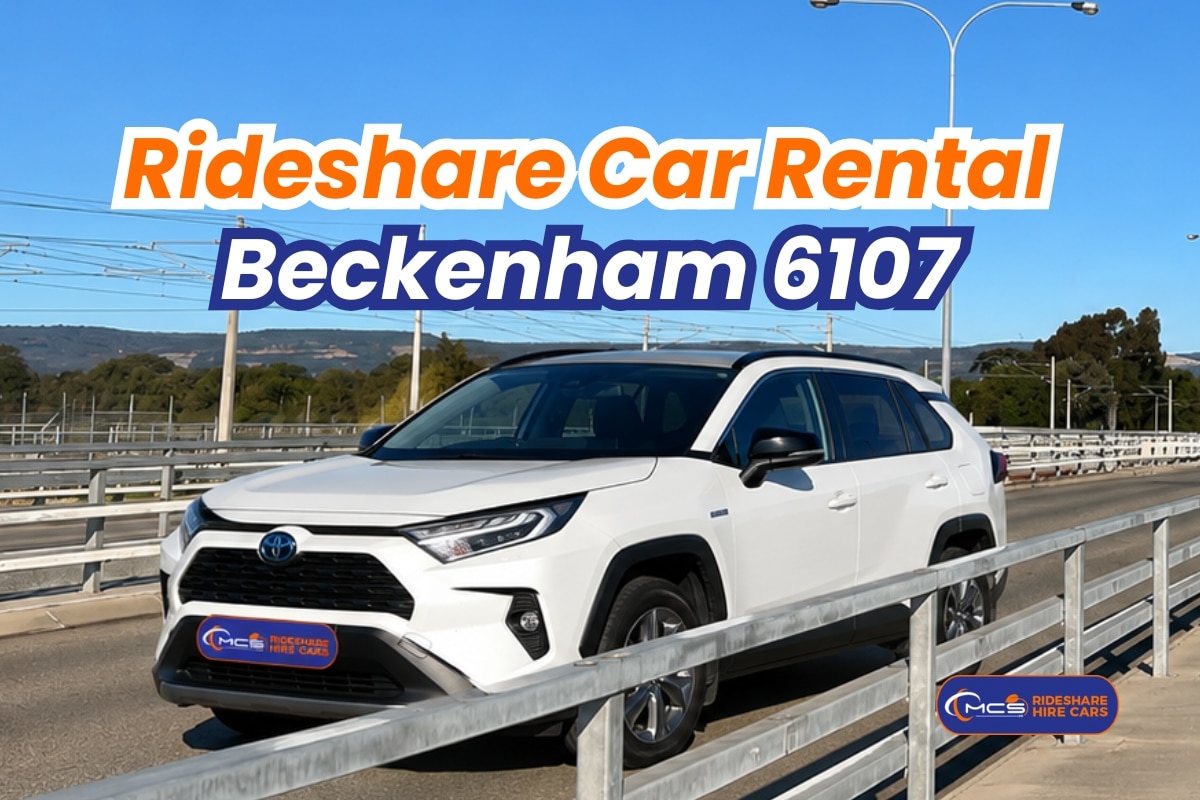 Rideshare car rental in Beckenham 6107 with a white Toyota RAV4 Hybrid parked on a bridge, available from MCSyo for Uber and DiDi drivers in Perth.