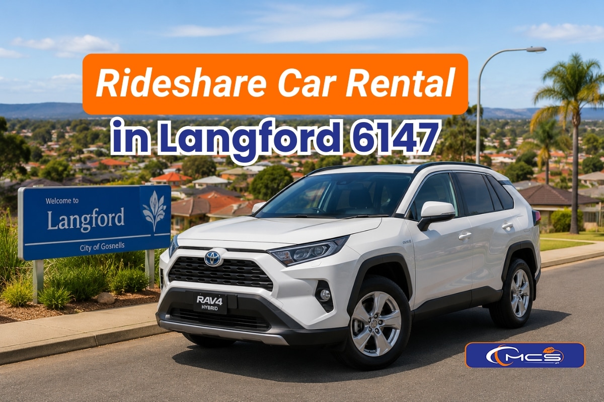 Rideshare car rental in Langford 6147 with a Toyota RAV4 Hybrid parked in front of the Langford suburb skyline in Perth WA