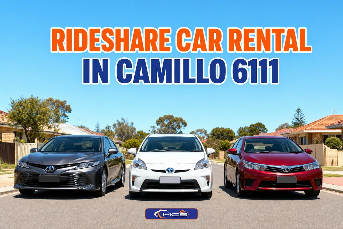 Rideshare car rental in Camillo 6111 - three Toyota hybrids from MCSyo on a Camillo street