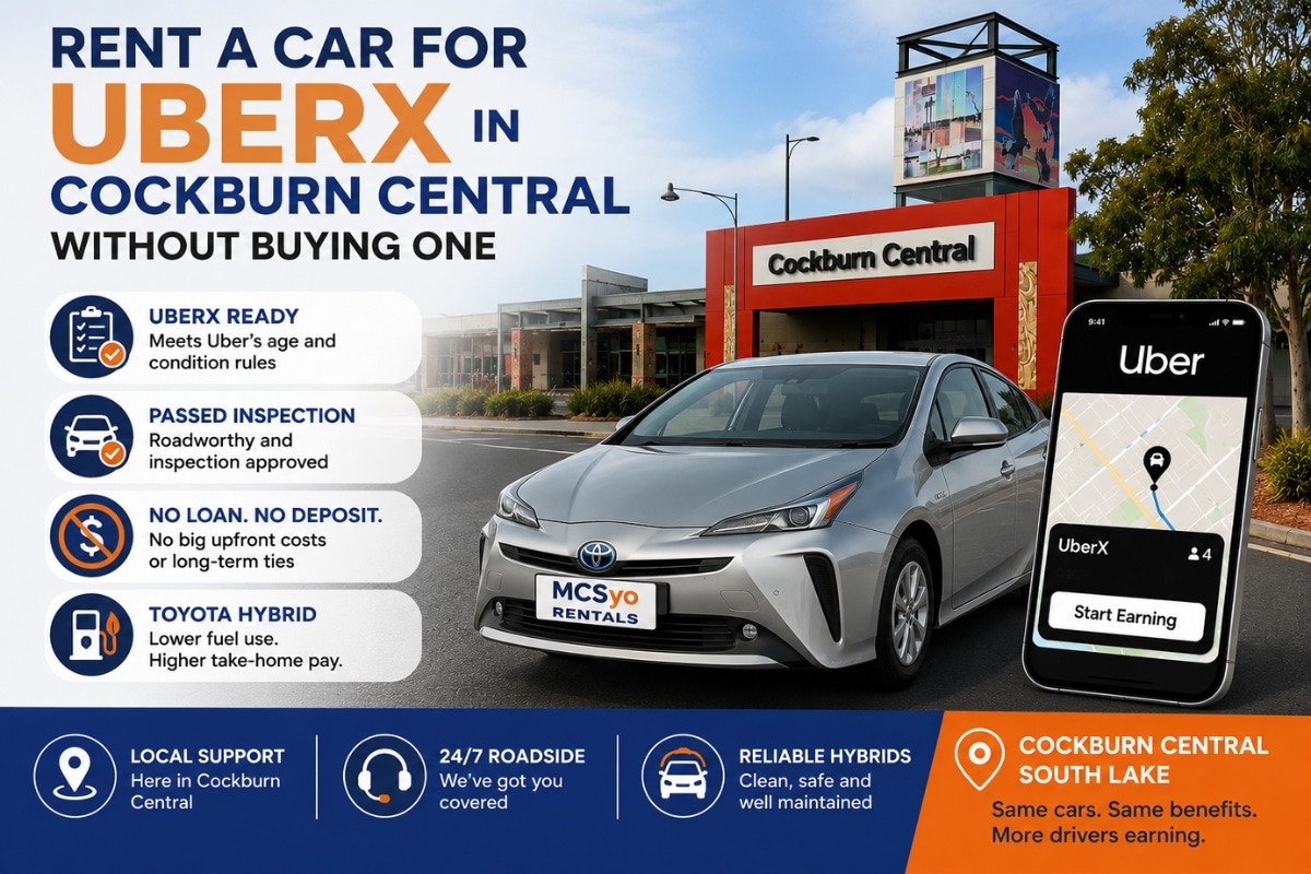 Rent a car for UberX in Cockburn Central 6164 with a Toyota Prius Hybrid outside Cockburn Central, highlighting Uber-ready hybrid rental without buying a car.
