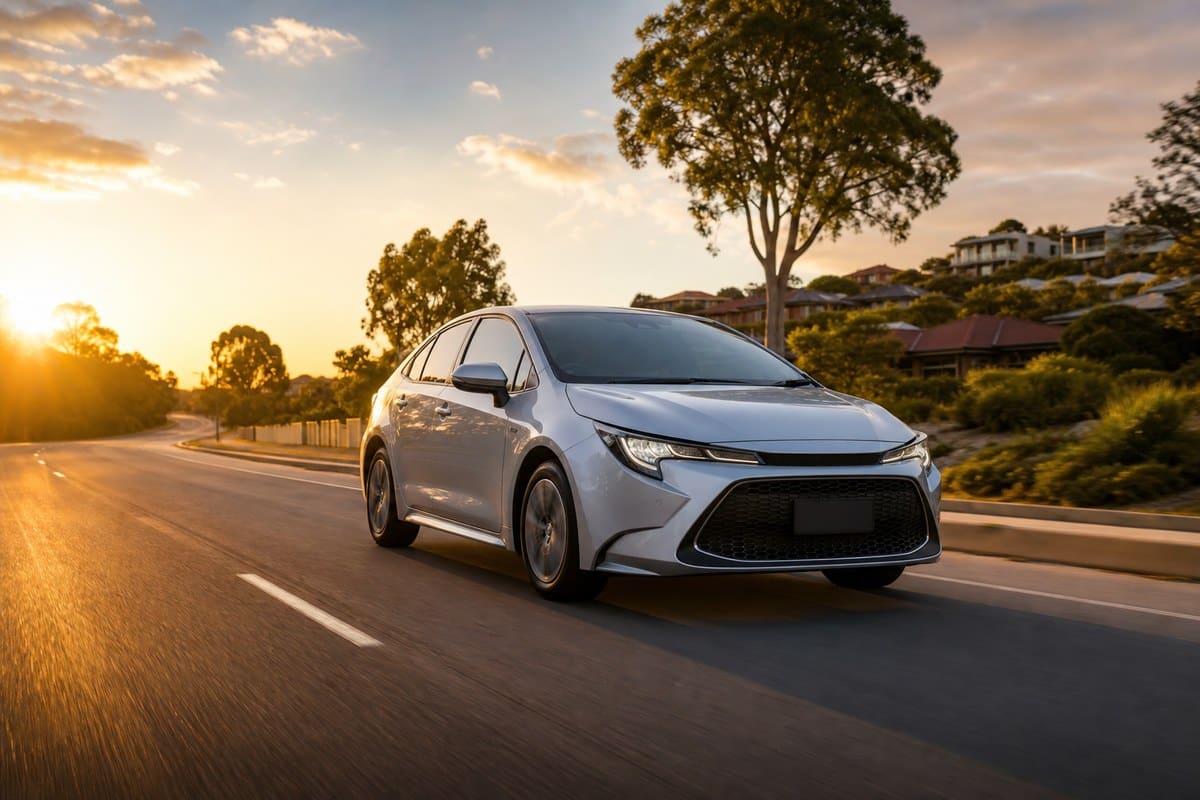 Toyota hybrid driving on a Perth road near Camillo at sunset - MCSyo rideshare car rental